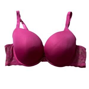 Cacique Pink Quarterly Lace Plunge Full Coverage Molded Cup Bra Size 44C